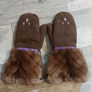 Homemade genuine suede leather and fur mittens. Medium-sized. Brown